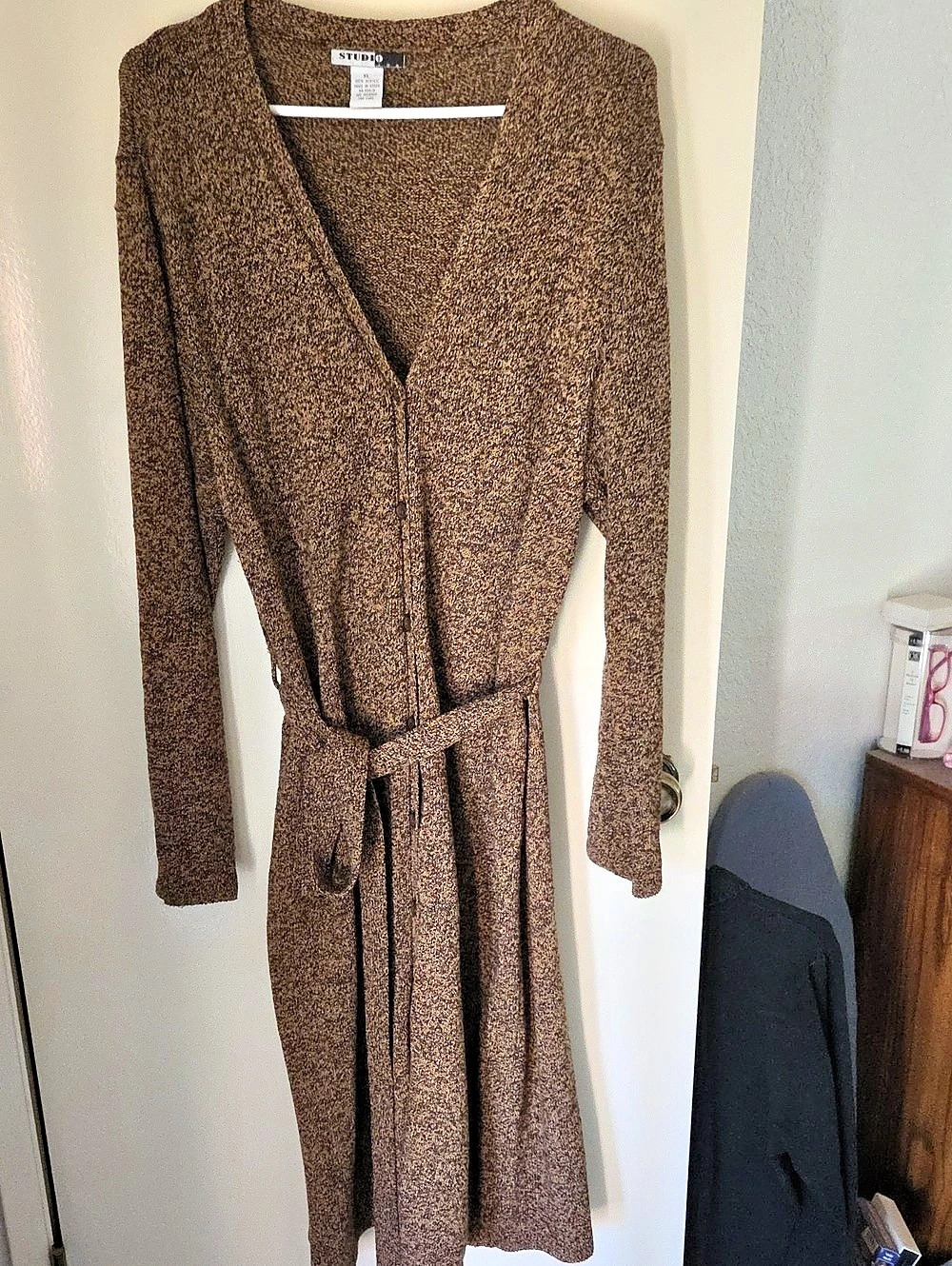 Studio One 2-piece Long Sleeve Wrap Midi Dress in Brown & Black Size XL